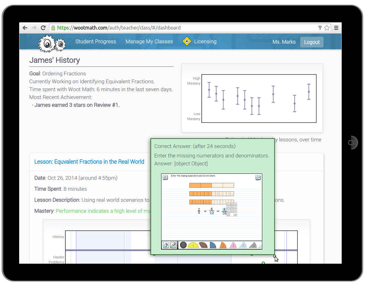 Teacher view of detailed student progress